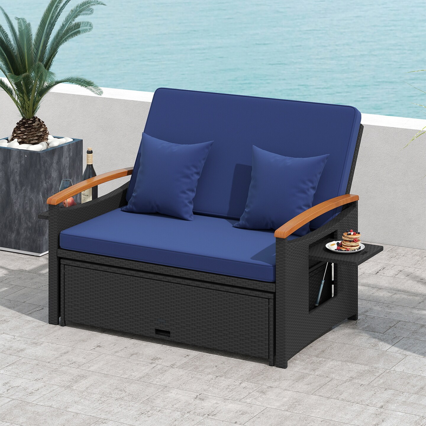 Wicker Outdoor Daybed with Folding Privacy Panels and Storage Ottoman