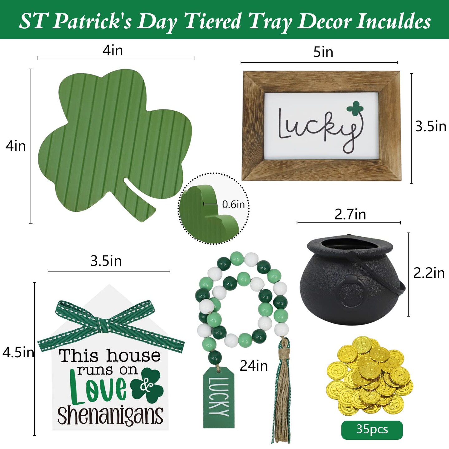 St. Patrick's Day Decorations, Lucky, Shamrock, Pot of Gold, Bead Garland, House Shape St. Patrick's Day Wooden Signs for Table Shelf Decor