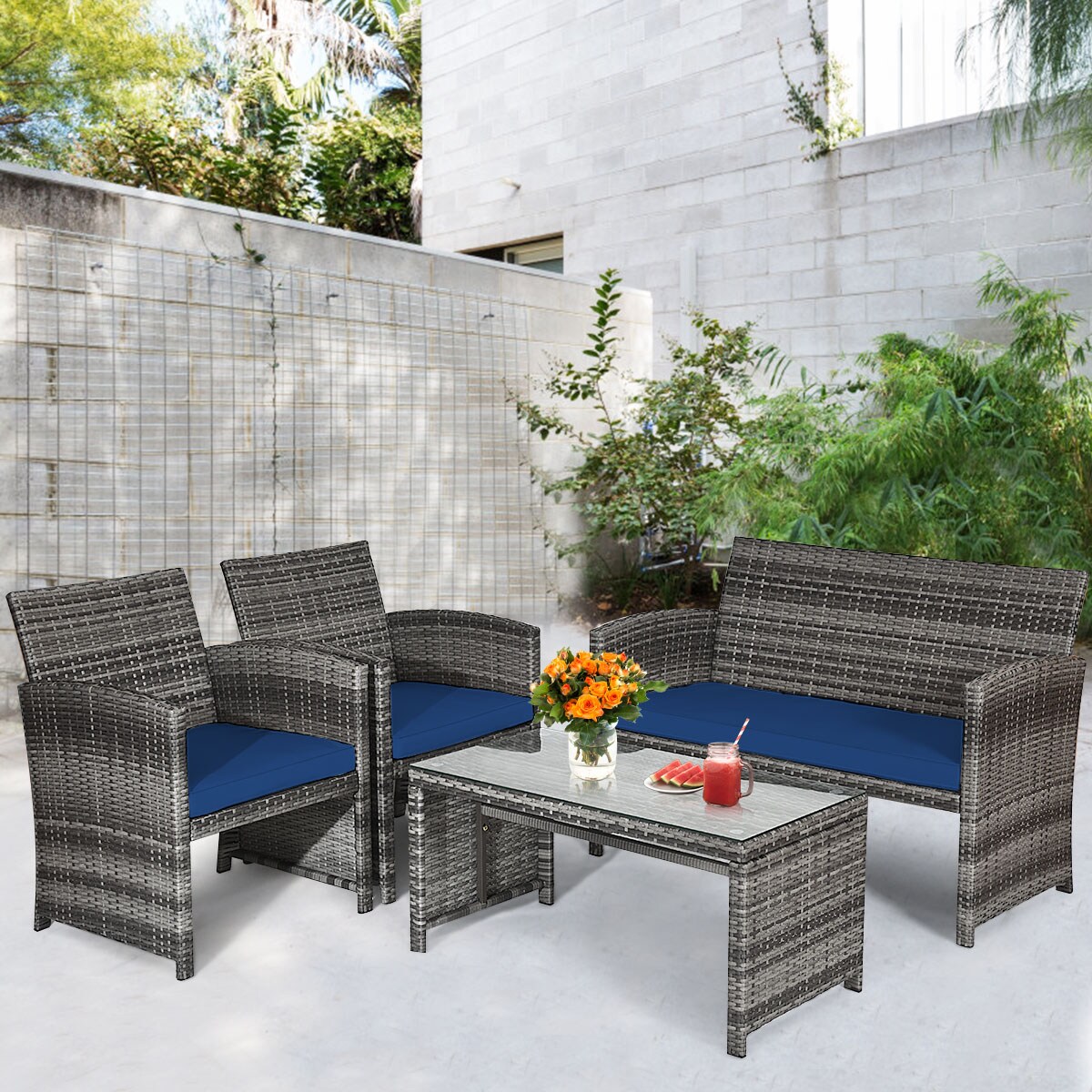 Costway 4PCS Patio Rattan Furniture Set Conversation Glass Table Top Cushioned Turquoise/Red/Grey/Beige/Navy/Black
