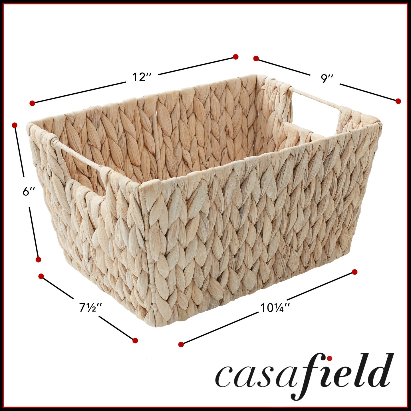 Casafield Set of 4 Water Hyacinth Storage Baskets with Handles, Woven Rectangular Storage Bins for Shelves, Blankets, Laundry Organization