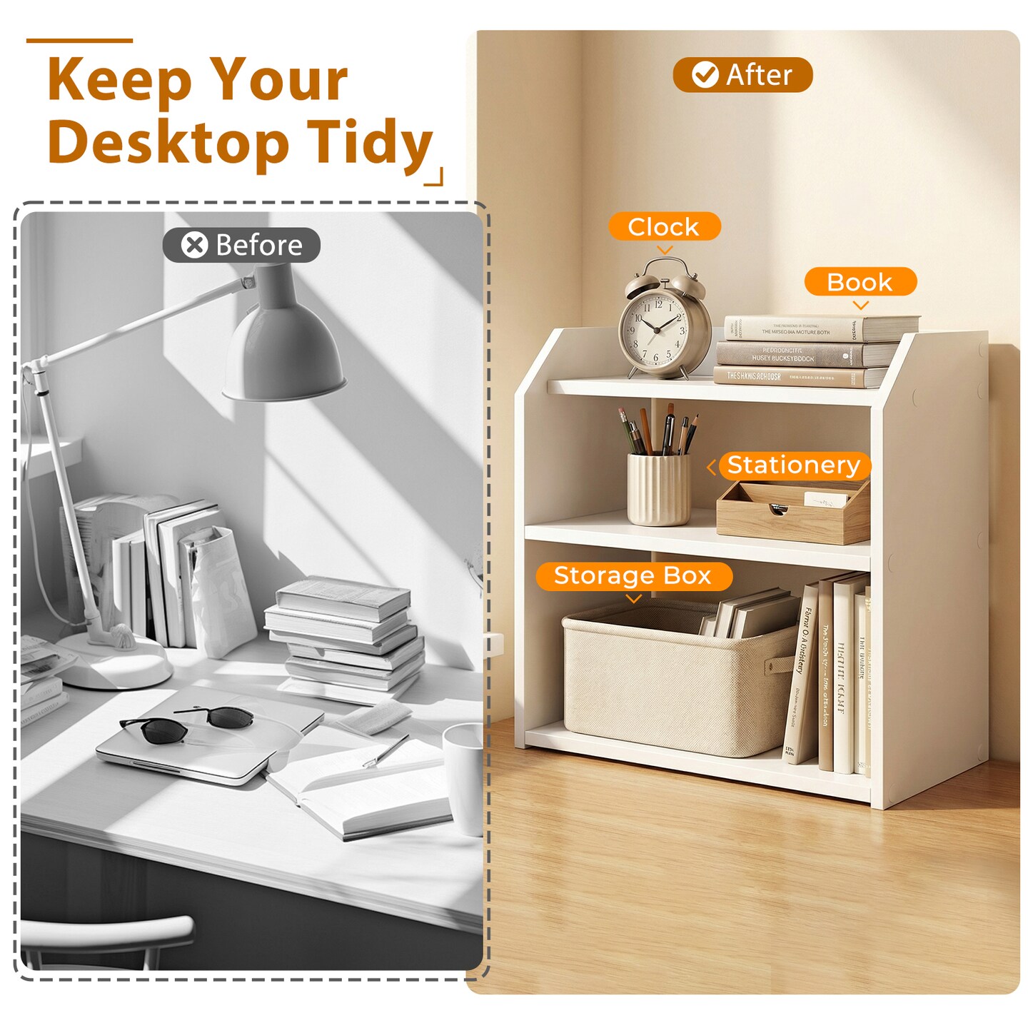 3-Tier Wooden Desktop Bookshelf, Countertop Bookcase with Raised Guardrails