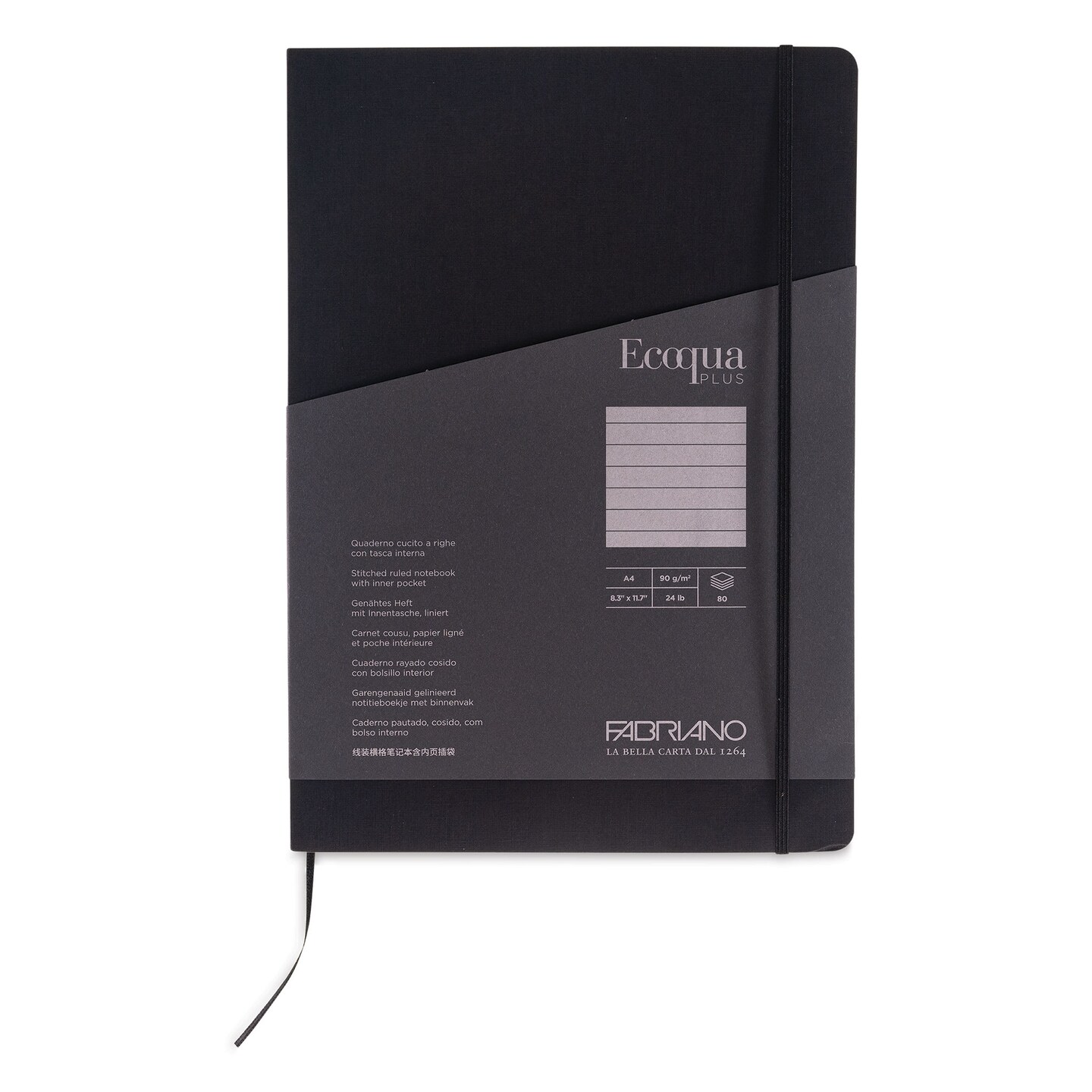 Fabriano EcoQua Plus Stitch-Bound Notebook - Black, 8-1/4" x 11-3/4", Lined