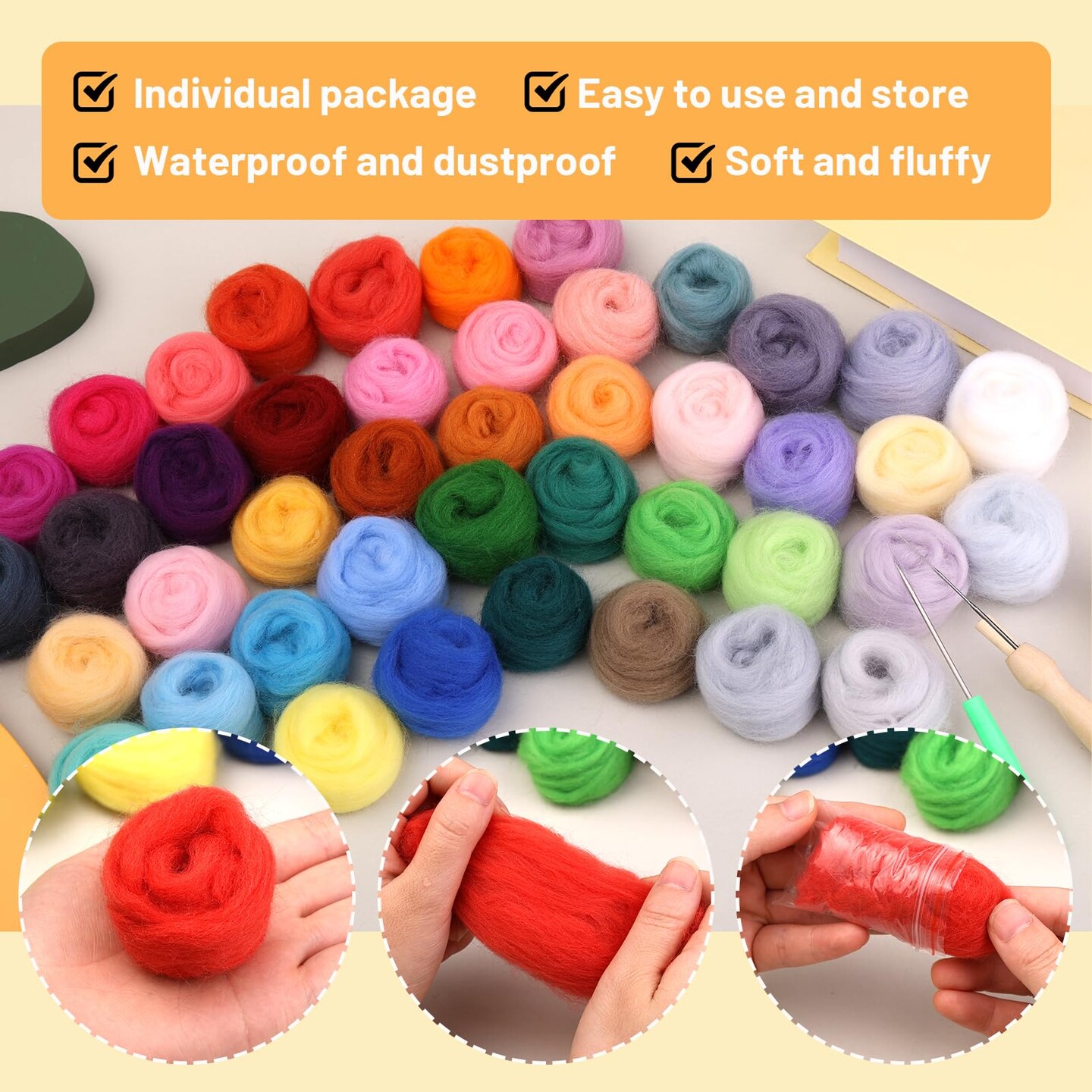 45 Colors Needle Felting Kits for Beginners, Needle Felting Supplies with Tools, Felt Starter Kits with Needles, Storage Bag for DIY Handcrafts Decoration