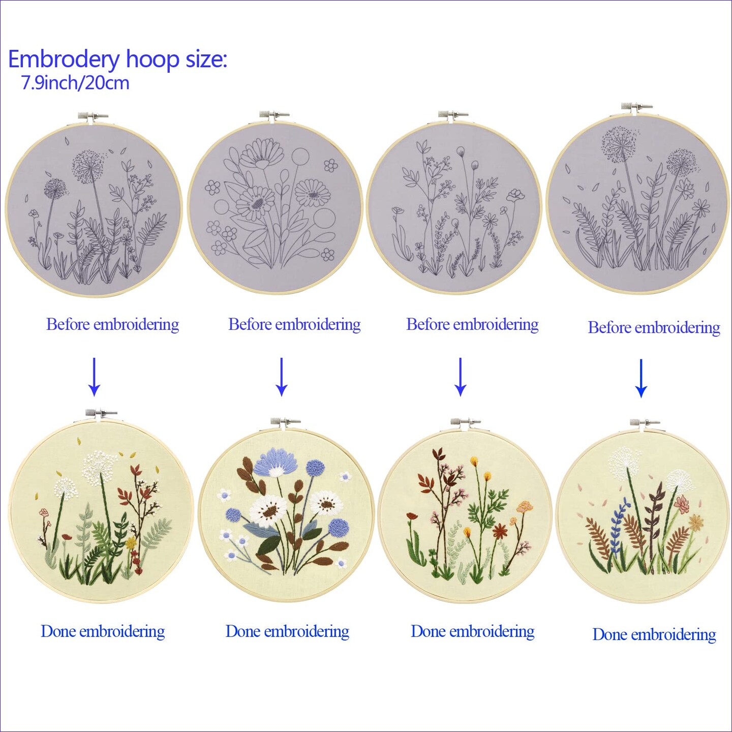 4 Sets Embroidery Set for Beginners, Art Craft, Easy Sewing Embroidery Kit Includes Embroidered Clothes with Patterns, Embroidery Hoops, Instruction Manual, Colorful Stitch Set (2 Most)