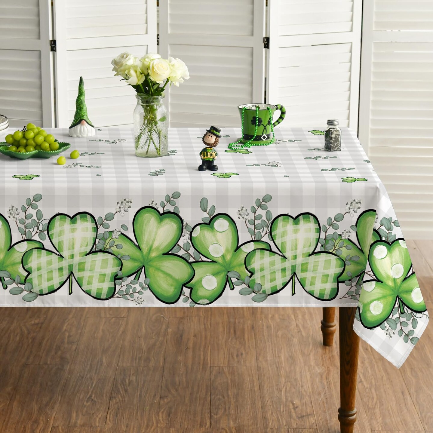 St. Patrick's Day Rectangular Tablecloth 60×84 Inch, Buffalo Plaid Shamrock Eucalyptus Washable Table Cover for Party Picnic Dinner Decor