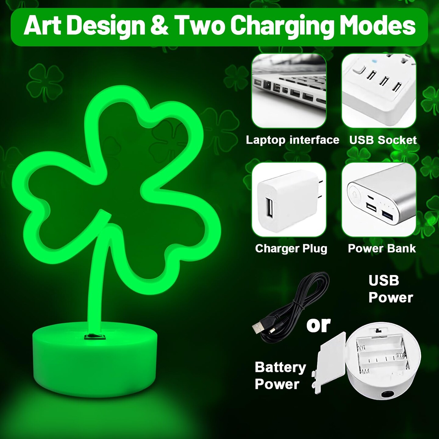 2 Pack Clover Neon Signs, LED Lights Battery Operated or USB Powered Decoration Lamp, Neon Lights Decor for St. Patrick's Day Gifts, Wedding, Party, Room Decor(Clover)