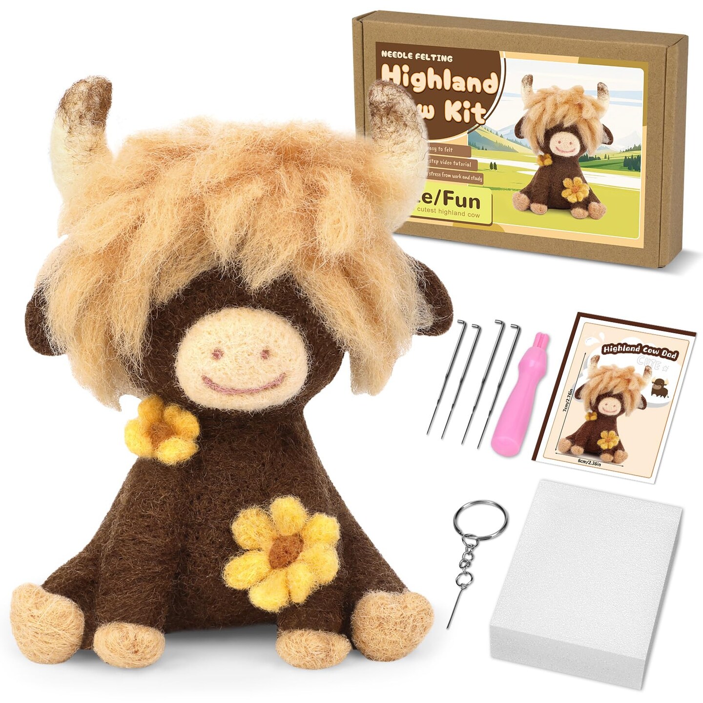 Needle Felting Kit, Highland Cow Needle Felt Beginner Kits with Instruction, Wool, Felting Needles, Felting Pad, Wool Felting Kit for Beginners Home Decoration