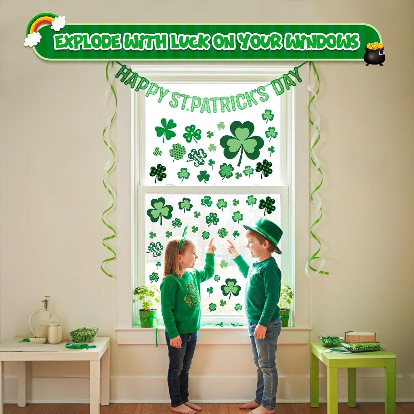4E's Novelty 115 Pcs St Patricks Day Window Clings (9 Sheets), Green Shamrock Window Clings for Classy Decoration, Reusable St Patricks Day Windows Sticker & Fun St Patty's Day Windows Decoration