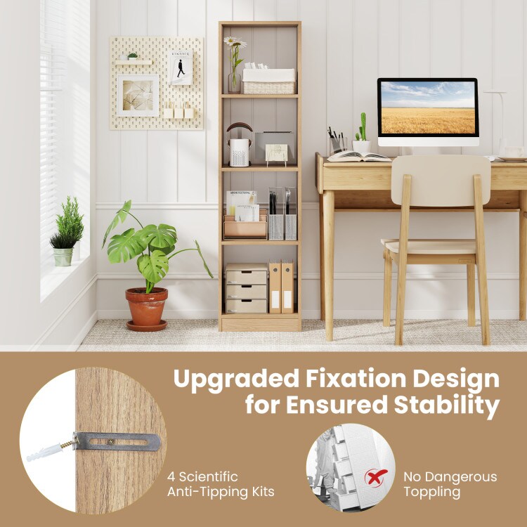 Natural 5-Tier Narrow Bookshelf with 4 Cubes and Anti-Tipping Kits