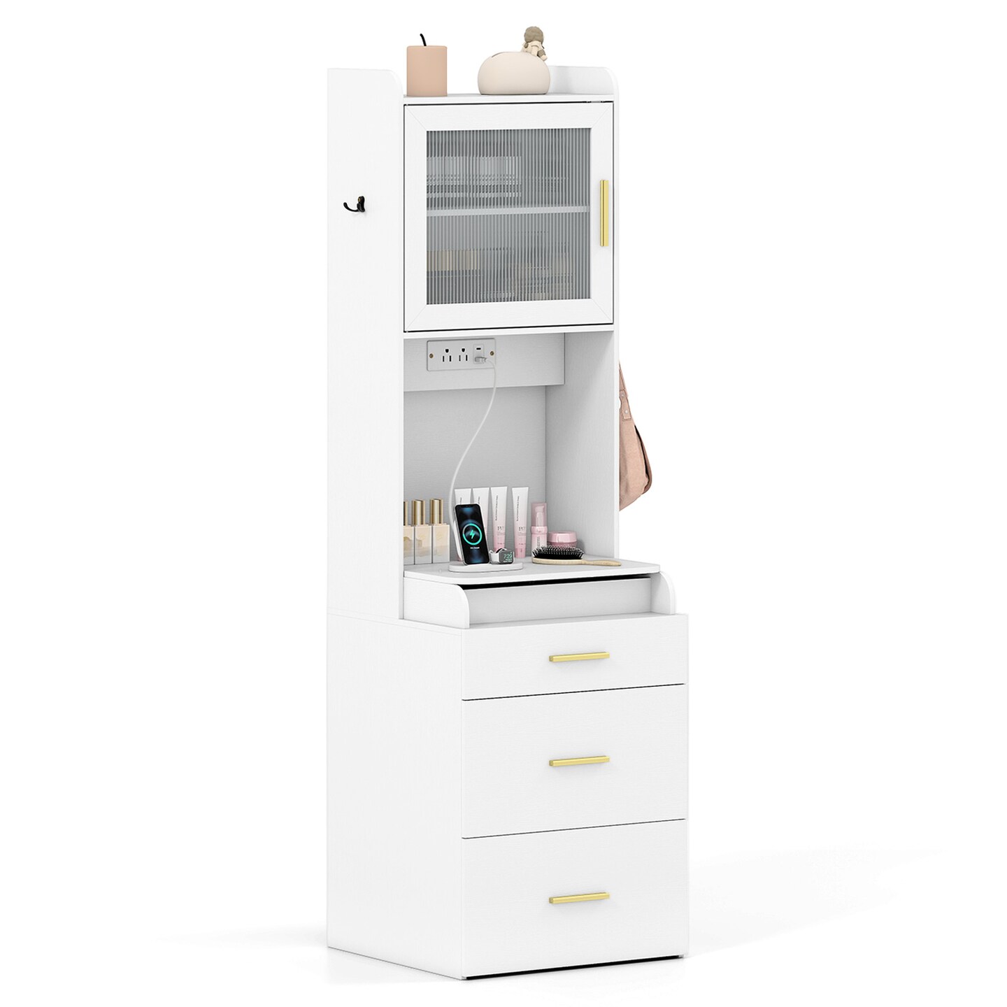 White Makeup Vanity with Flip-Top Mirror, Power Outlets and Storage Stool