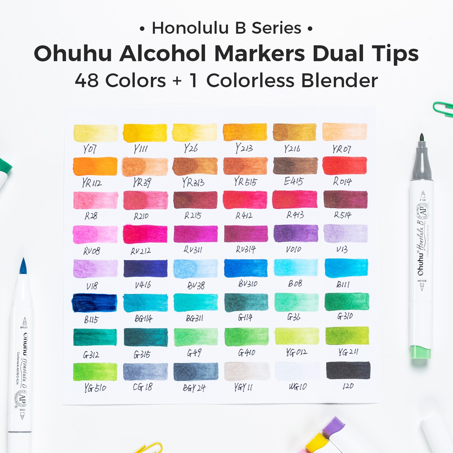 Ohuhu Honolulu B 48 Colors Alcohol Markers + 8.3"x8.3" Sketchbook Marker Paper Pad