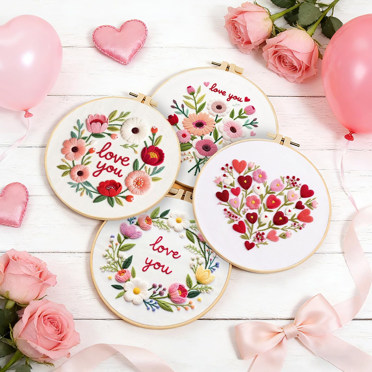 Valentines Embroidery Kit, DIY Embroidery Starter Kit for Adults & Beginners, DIY Needlepoint Kit with Embroidery Hoop Thread Needle for Craft Lover Birthday Gifts (Valentines-4 Set)
