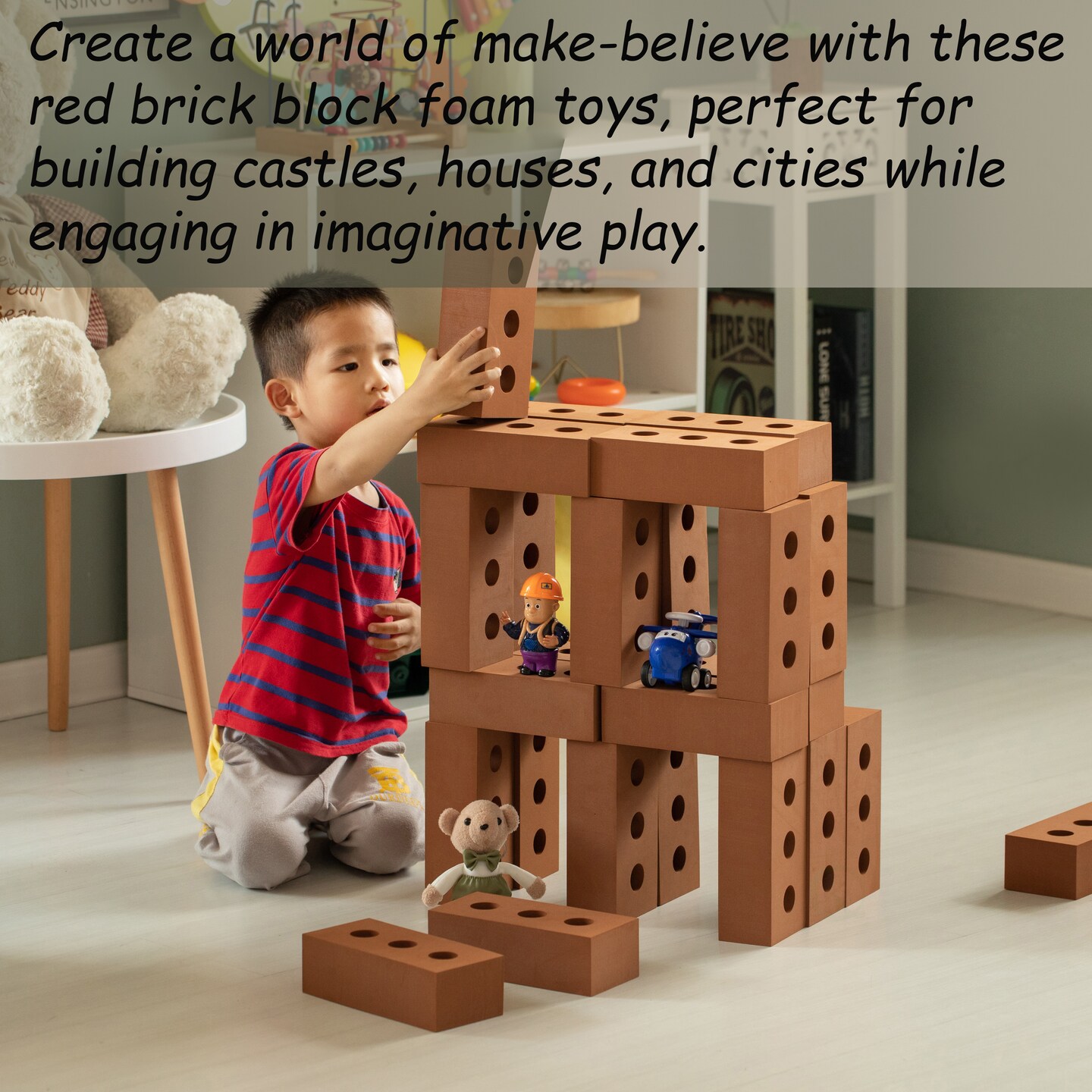 Construction Stacking Building Red Brick Block, Rectangle Foam Kids Pretend Play Creativity Toy
