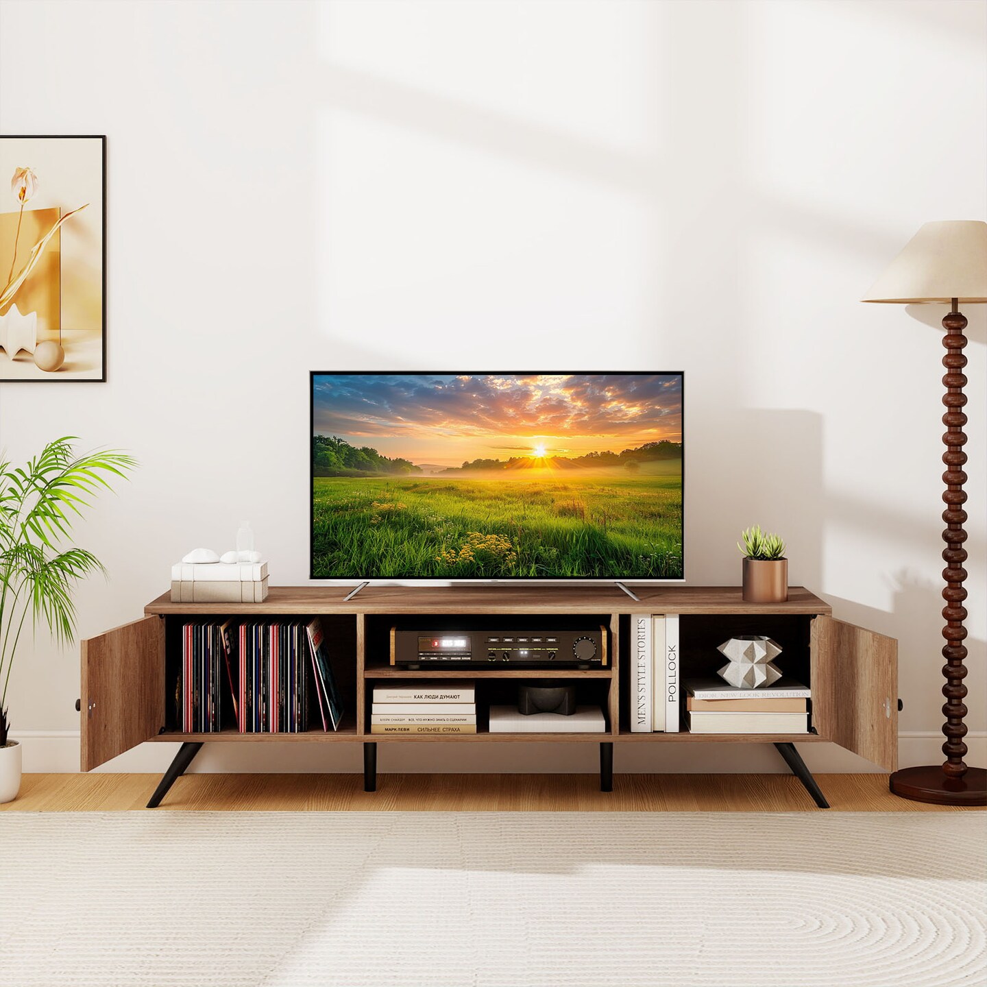 2-Door TV Stand for TVs up to 65" with Open Shelves and Storage Cabinet\