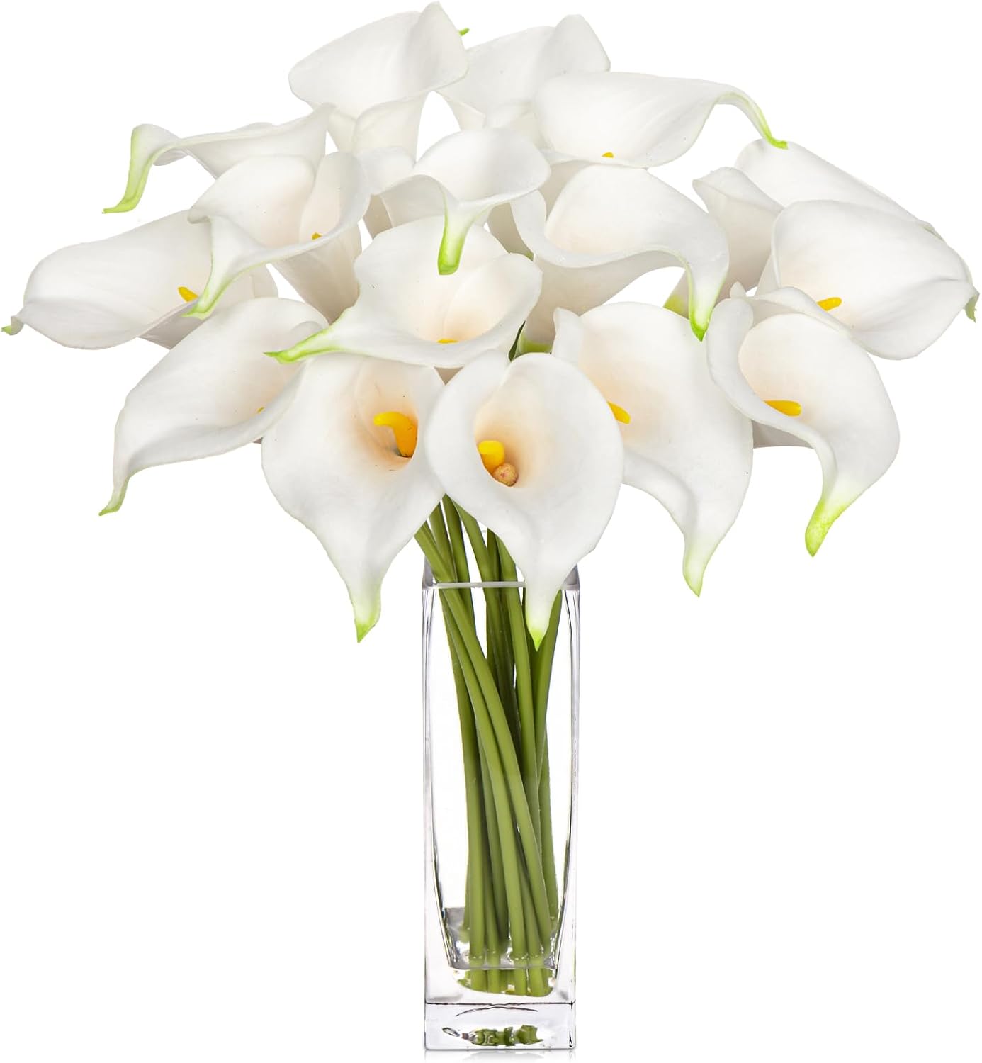 Fake Flowers in Vase 14“ Artificial Calla Lily Pure-White Flowers Arrangement with Vase and Faux Water for Home Decor Dining Table