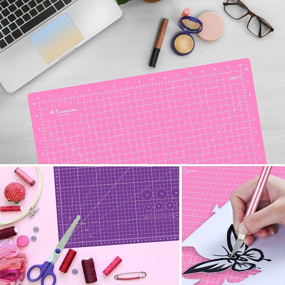 18"x12" Thickened Self Healing Cutting Mat, A3 Rotary Cutting Sewing Mat for Crafts, Double Sided 5-Ply Table Cutting Board for Fabric Quilting Art Hobby Project, Pink/Purple