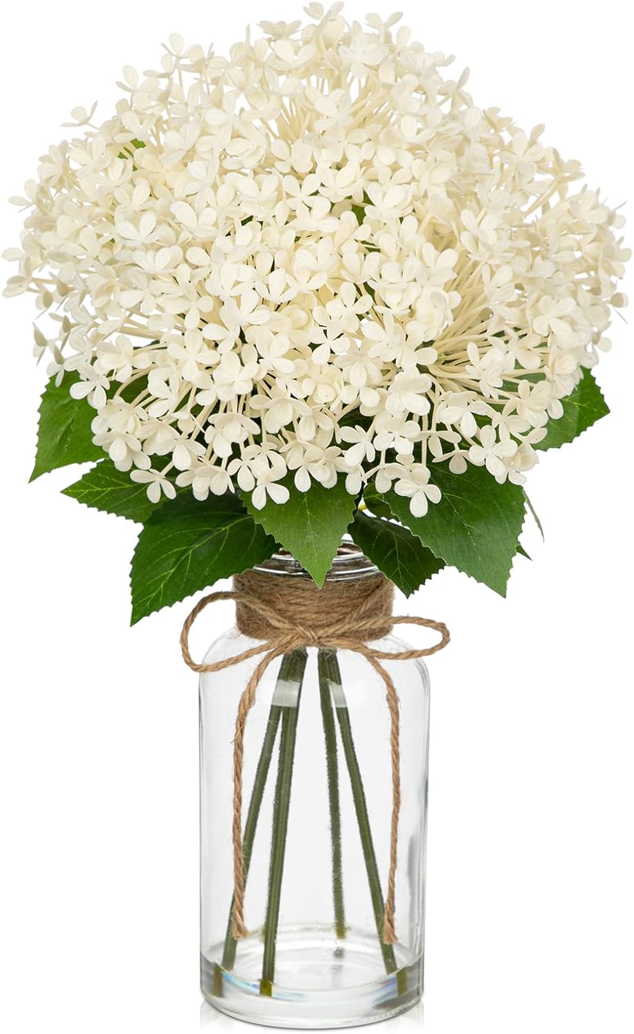Artificial Hydrangea Flowers in Glass Vase with Faux Water, 13.8&#x22; Fake Cream Hydrangeas Arrangement Centerpiece for Home Caf&#xE9; Kitchen Bathroom Decoration