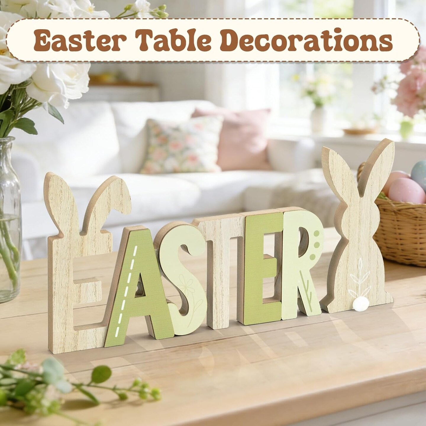 Farmhouse Easter Sign Decor – Wooden Bunny Centerpiece for Tables, Spring Easter Home Decor for Mantel, Shelf, & Tiered Tray
