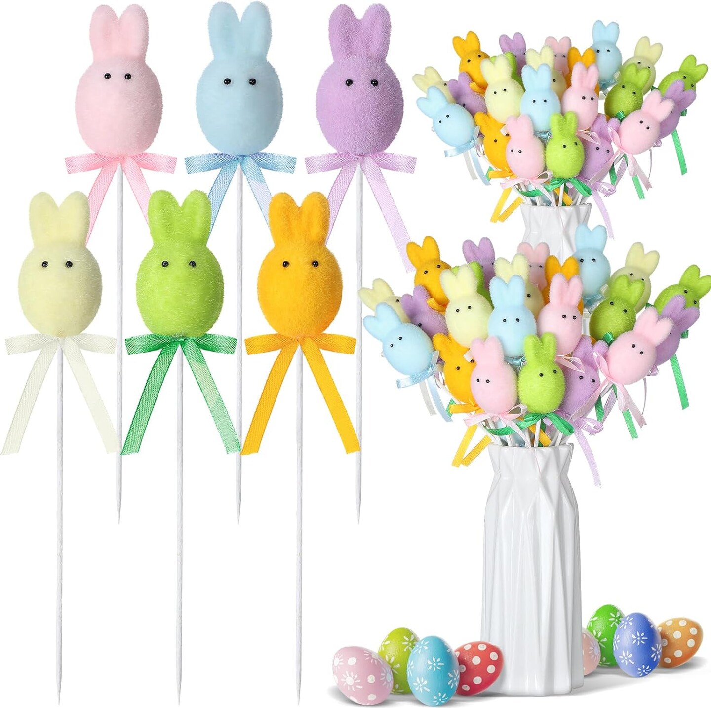 24 Pcs Easter Bunny & Pastel Egg Picks – 7" Faux Foam Stems for Spring Floral Arrangements, Easter Baskets, Centerpieces, Wreaths, and Party Decorations