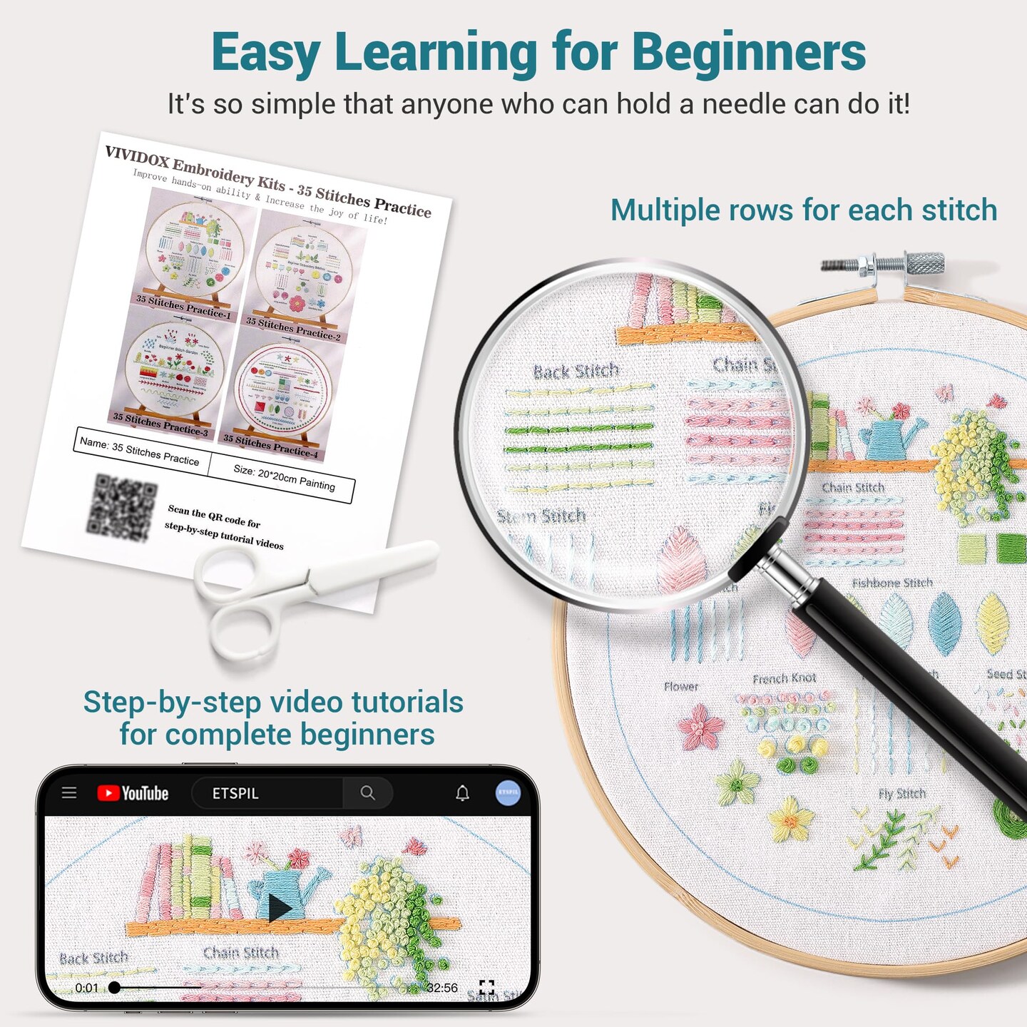 4 Sets Embroidery Kit for Beginners Adults, 35 Stitches Practice Kits Cross Stitch for Starter, DIY Hand Craft with Stamped Pattern, Bamboo Hoop, Threads, Needles, Scissors, Tools, Instruction