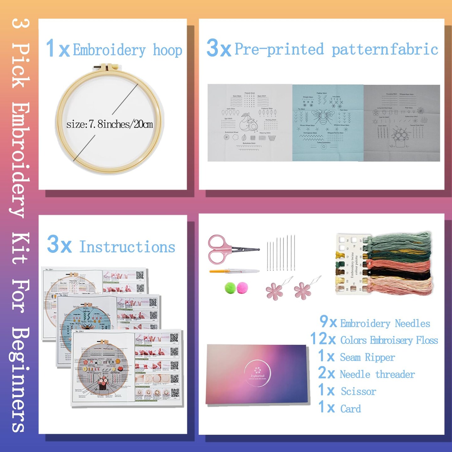 Embroidery Kit for Beginners Adults Cross Stitch Starter Kit Needle Point Supplies 33 Basic Stitches in 3 Set, DIY Craft Lover Starter Hand Stitch (Flower)