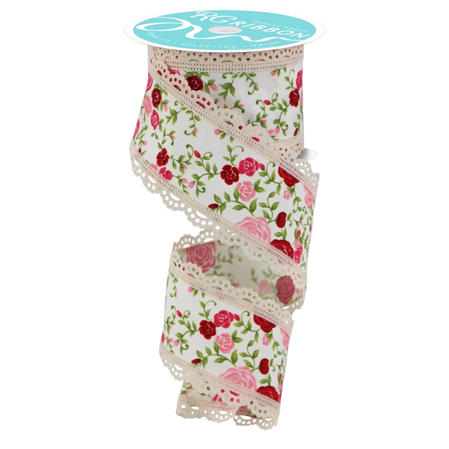RG Ribbon: 1.5" - 2.5" Ivory Cottage Roses Scalloped Lace Edge Ribbon for Bows, Wreaths, Crafts and Decorations - Ivory, Pink, Red - Valentine's Day, Easter, Spring, Summer