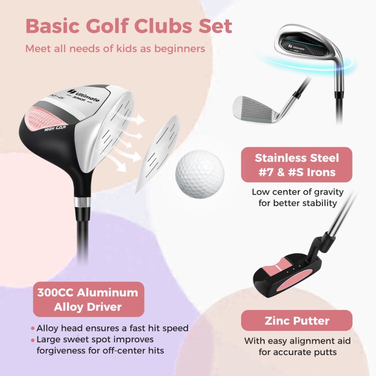 Kids Golf Club Set 6-Piece Driver Hybrid Irons Putter Stand Bag Adjustable