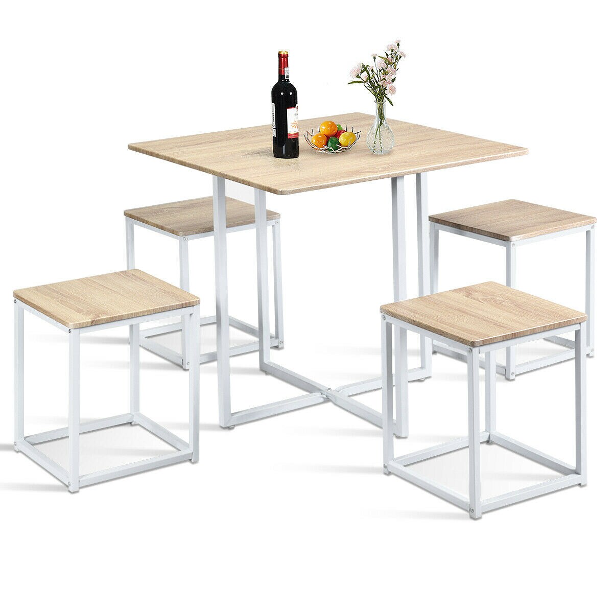 Beige-White MDF Iron 5-Piece Dining Set with Table and 4 Stools