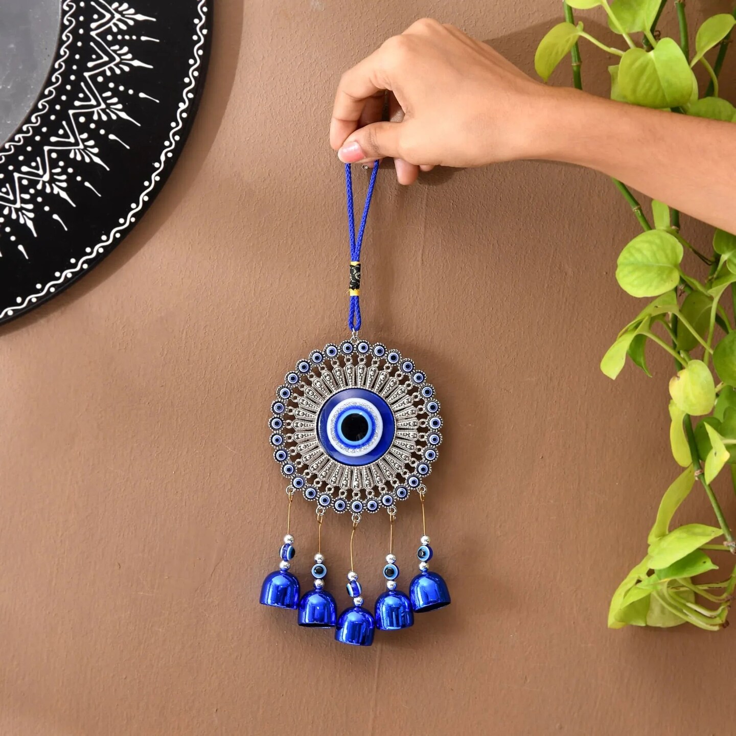 Evil Eye Chime Hanging Decoration Circle Evil Eye Decor for Living Room Home Office Car Hanging Turkish Nazar Amulet Door Wall Hanging Ornament - Good Luck Pendant Charm Gift (6 Inch)