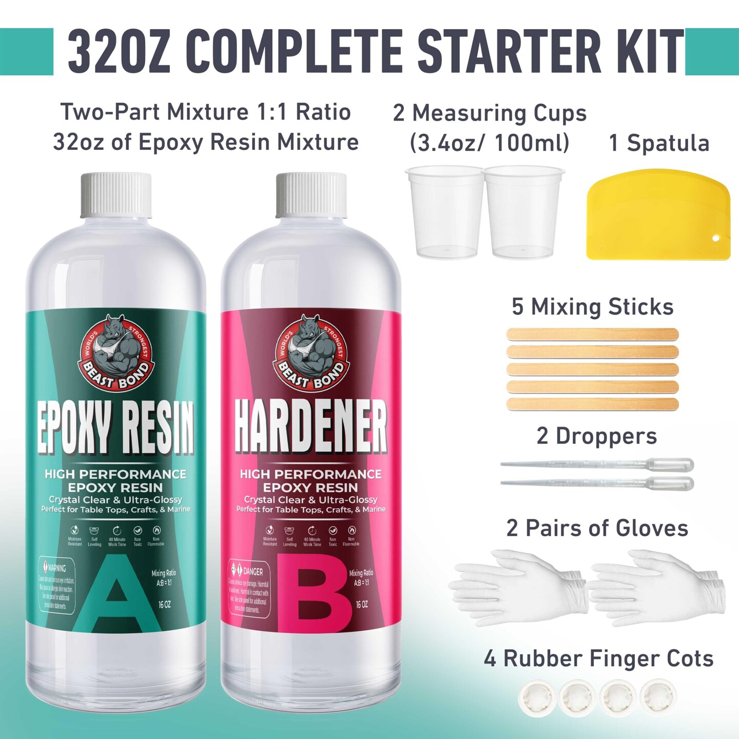 Crystal Clear Epoxy Resin Kit 32oz, Self-Leveling, Ultra-Glossy, Bubble Free, UV & Moisture Resistant Resin Kit for Art, Jewelry, Tabletops, Wood Finishes, Marine, Easy 1:1 Mix, DIY Crafts