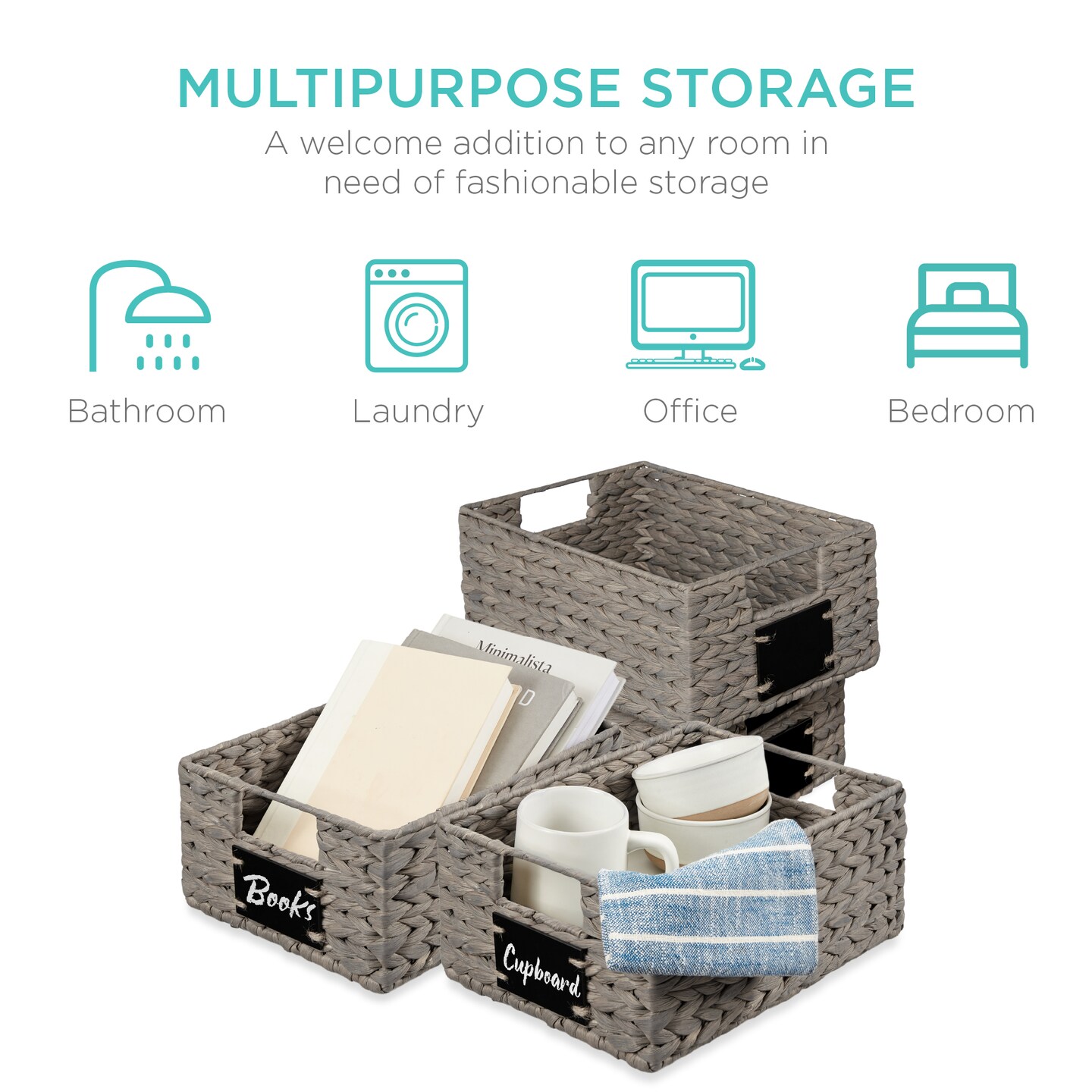 Best Choice Products Set of 4 12in Woven Water Hyacinth Pantry Baskets w/ Chalkboard Label, Chalk Marker