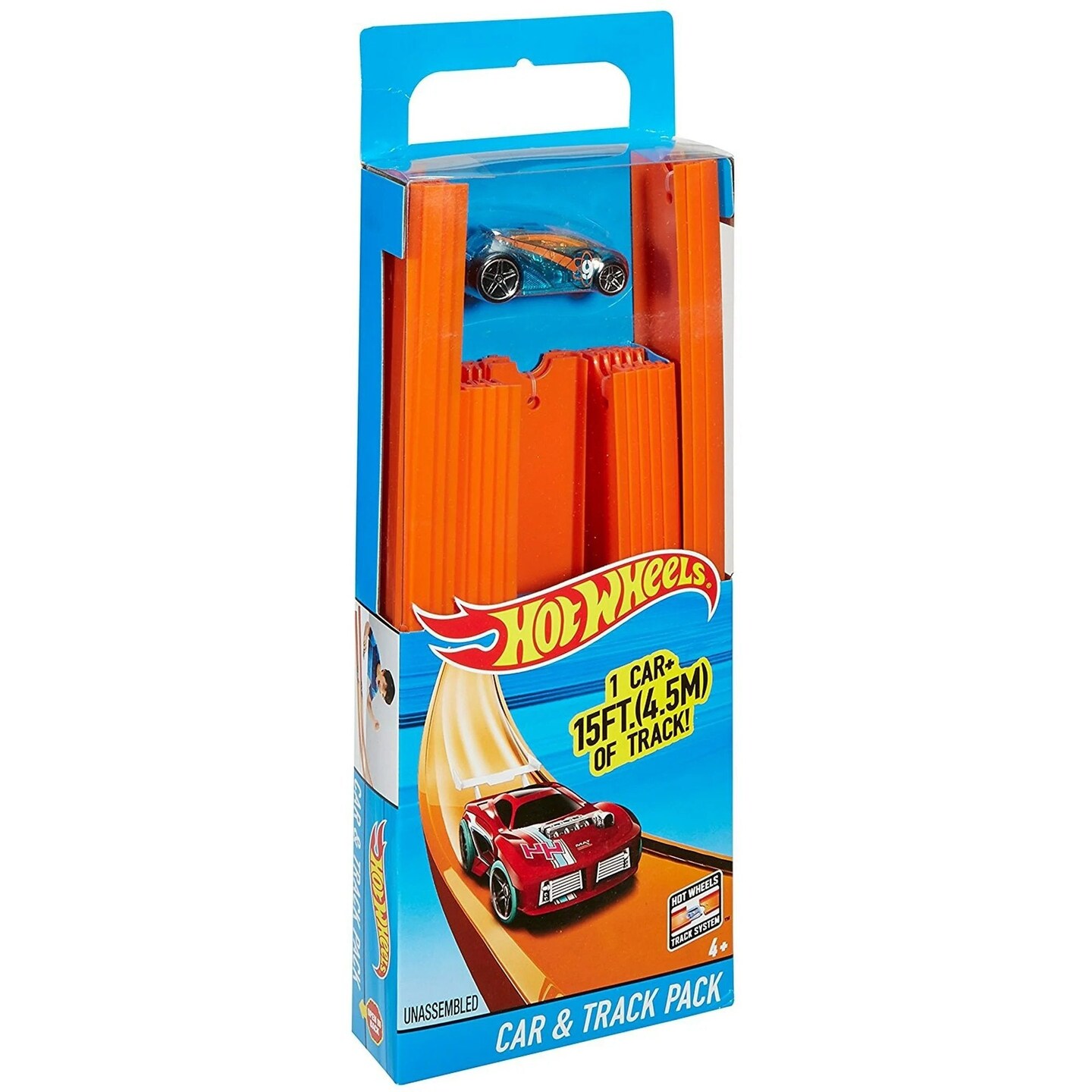 Hot Wheels Track Builder Straight Track with Car, 15 Feet - Styles May Vary, Orange and Blue (BHT77)