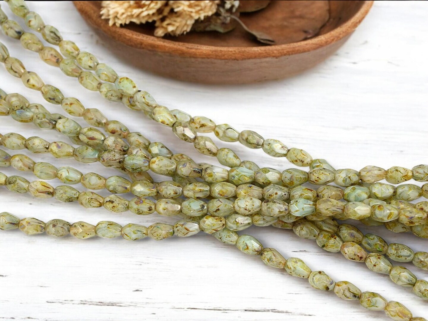 *29* 5x7mm Pale Sage Travertine Fire Polished Tear Drop Beads