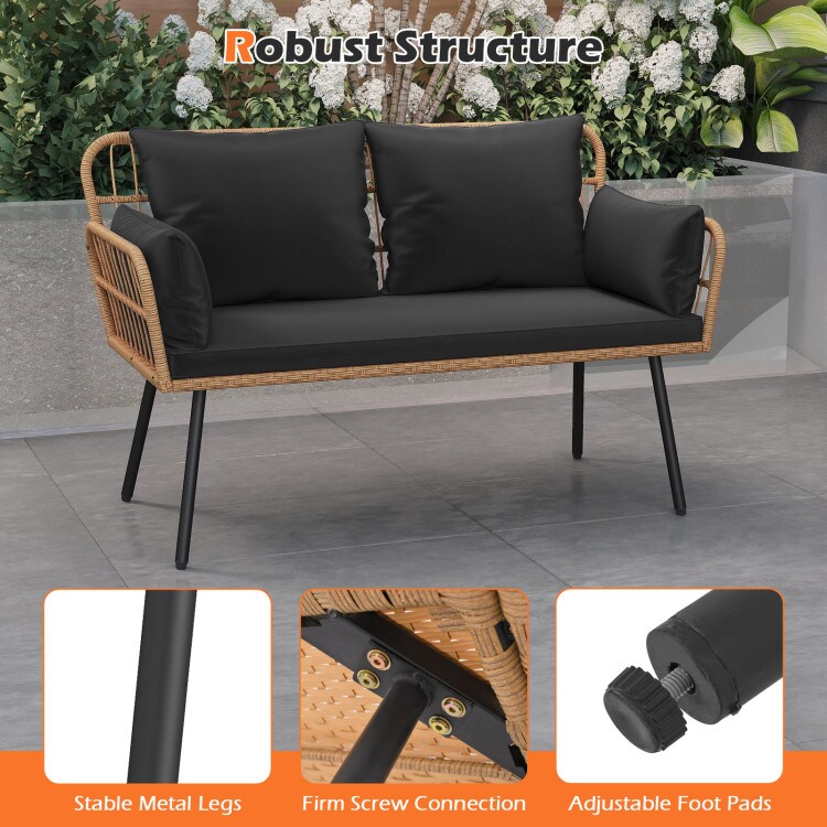 Outdoor 2-Seater Rattan Bench Chair with Comfortable Cushions and Metal Legs