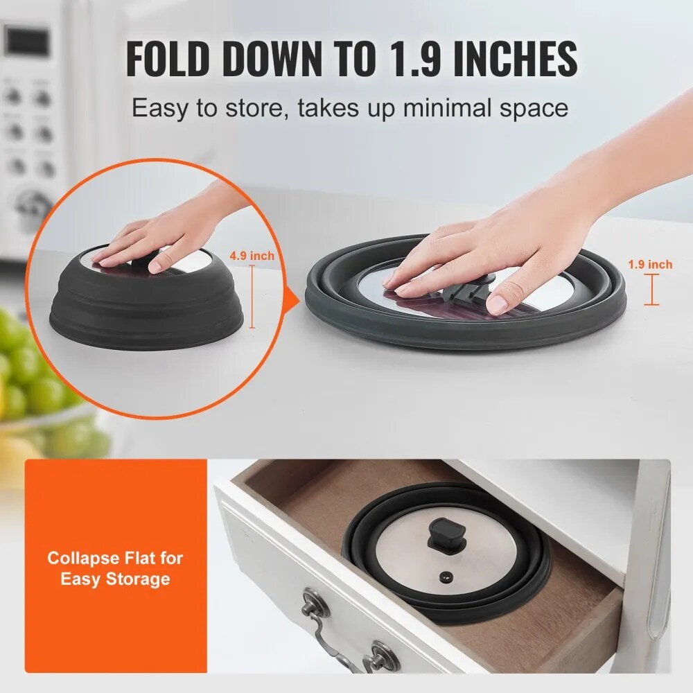 10.8" Microwave Splatter Cover Collapsible Silicone & Tempered Glass Lid with Handle Kitchen Tool