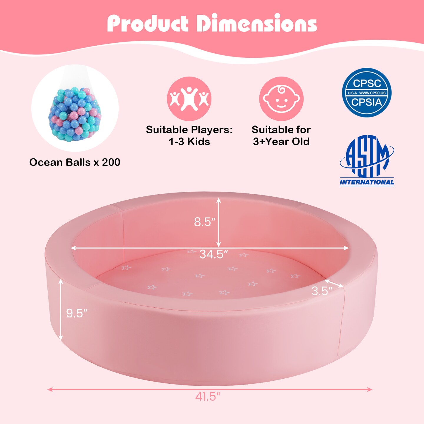 Kids Round Ball Pit with 200 Ocean Balls PU Leather, 41.5” Diameter, 25D Sponge Cushion