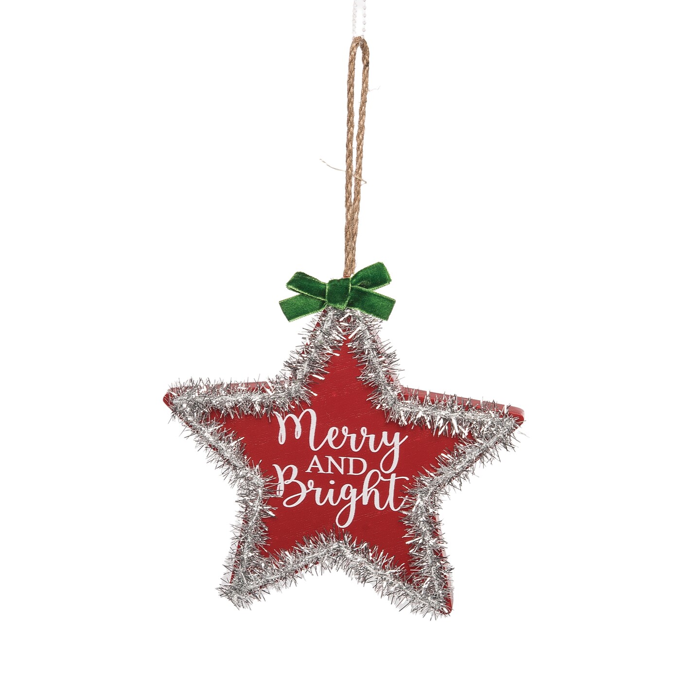 Merry Bright Star Ornament Red Tinsel Christmas Tree Decoration