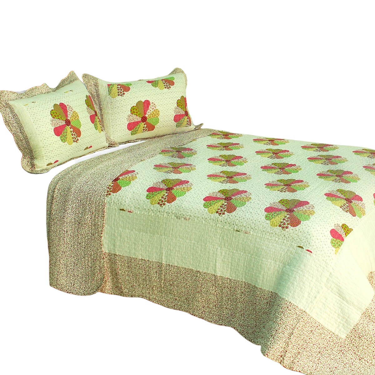 Full/Queen Cotton Floral Quilt Set with 2 Shams, Vermicelli Quilted