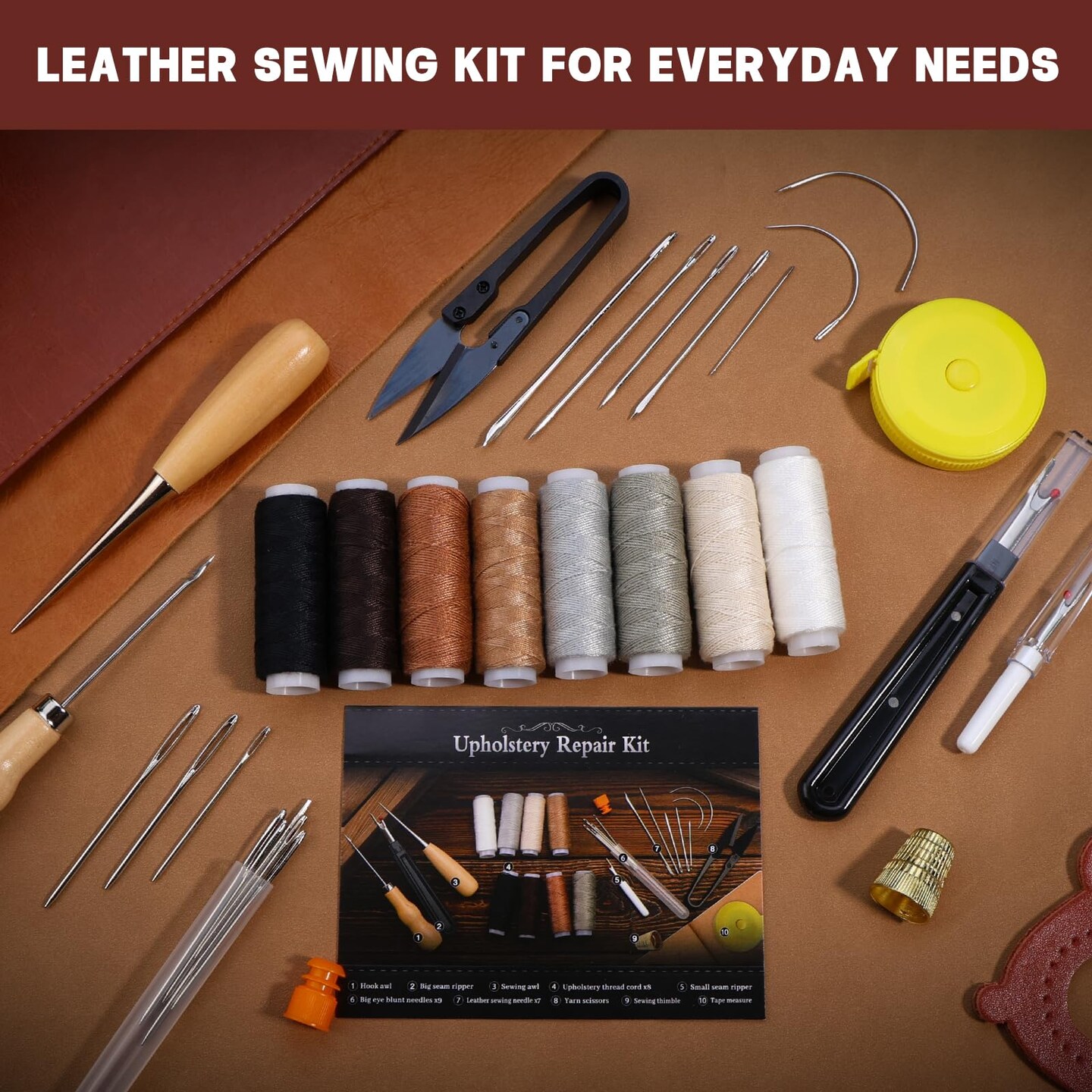 Upholstery Repair Sewing Kit Heavy Duty Sewing Kit with Awl Tools, Seam Ripper, Hand Stitching Needles, Upholstery Thread, Leather Craft Tool for Shoes Sofa Tent Carpet Craft DIY