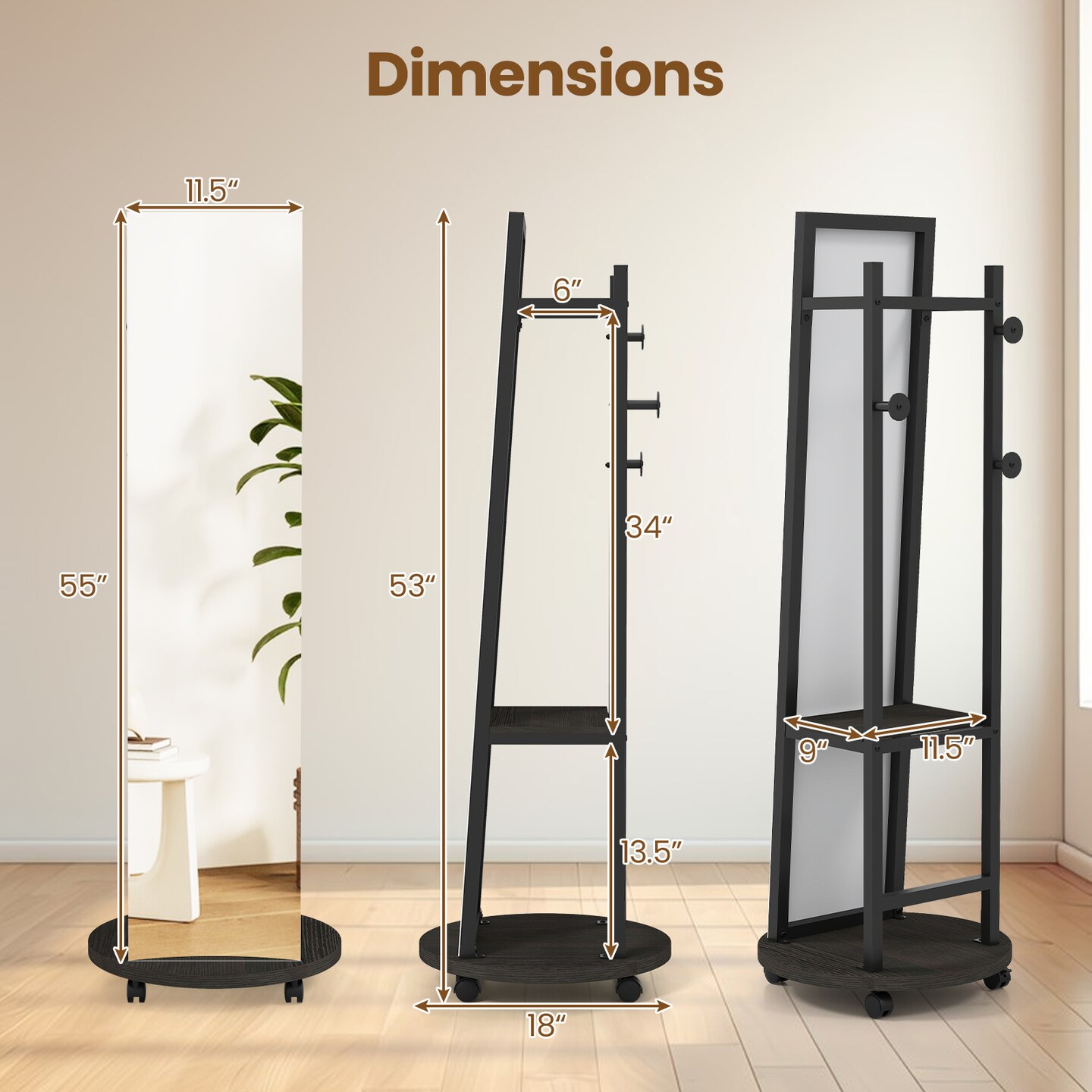 Multifunctional Coat Rack with Full-Length Mirror – Mobile Floor-Standing Clothes Organizer with Hooks