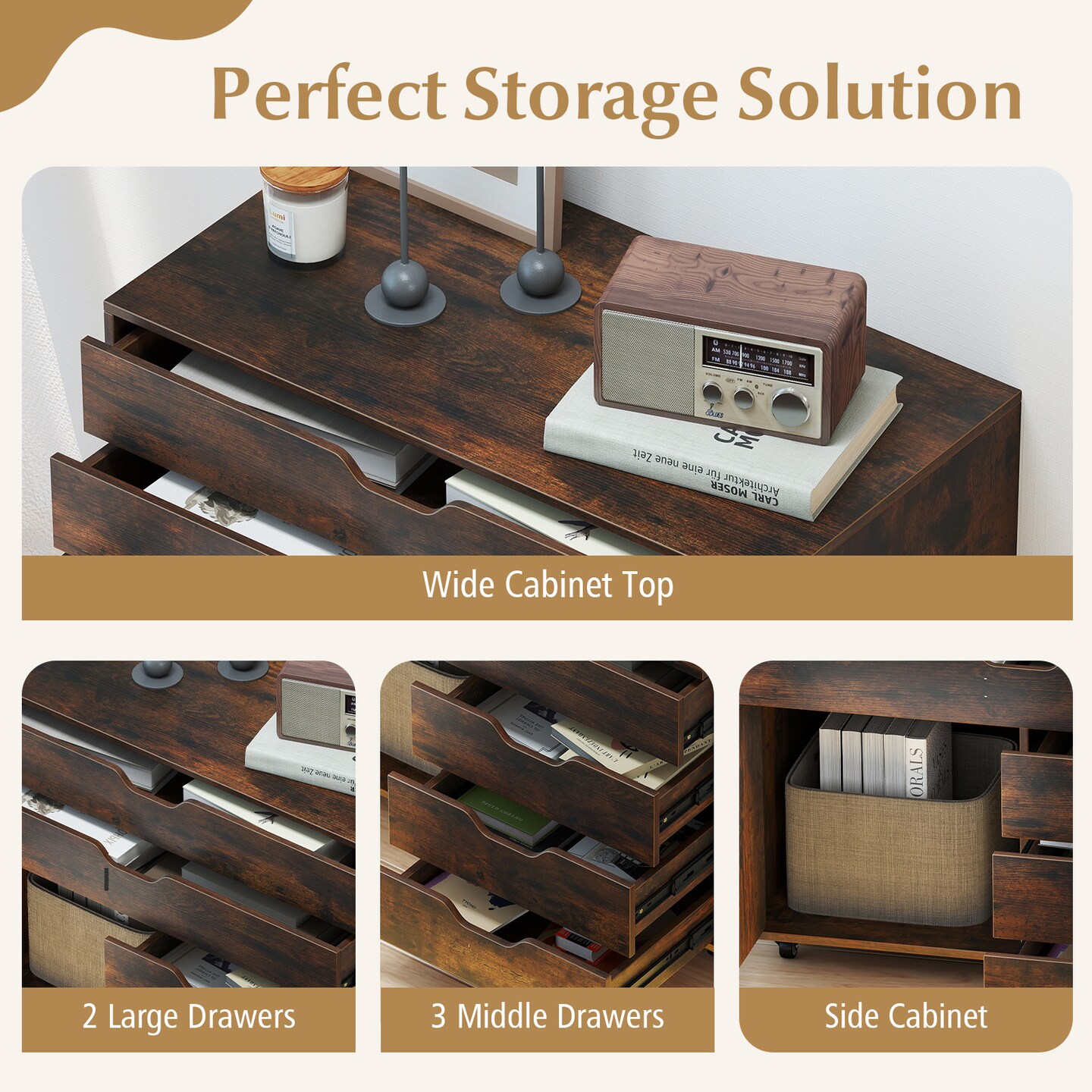 Vertical 5-Drawer Mobile Chest with 5 Casters, Storage Cabinet with Locking Wheels