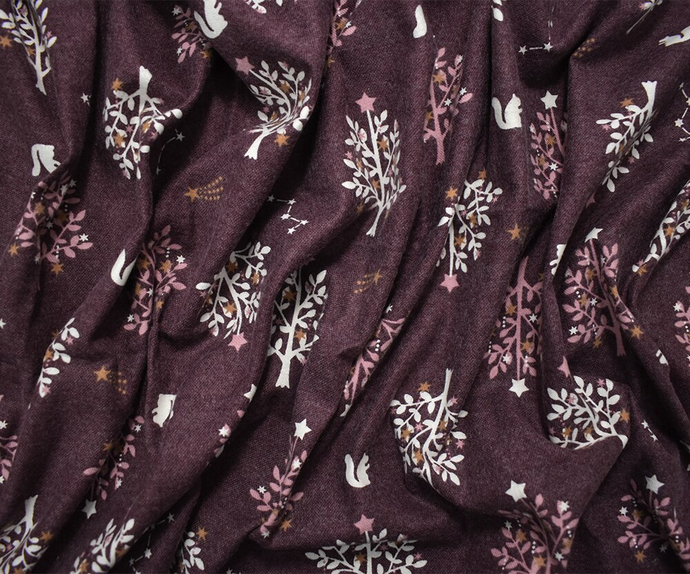 Burgundy-Multi Japanese Cotton Tree Squirrel Print Flannel Twill Woven Fabric By the Yard