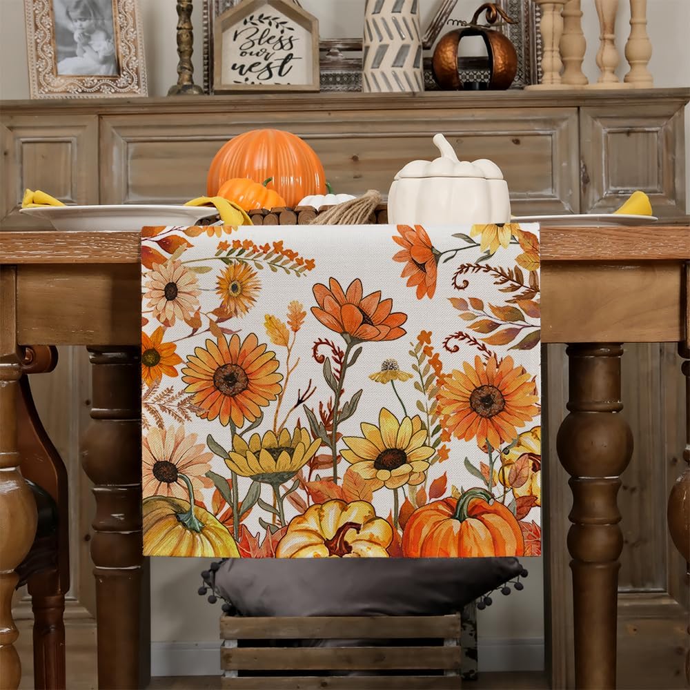 Fall Pumpkin Sunflower Table Runner 13x72 Inch Thanksgiving Maple
