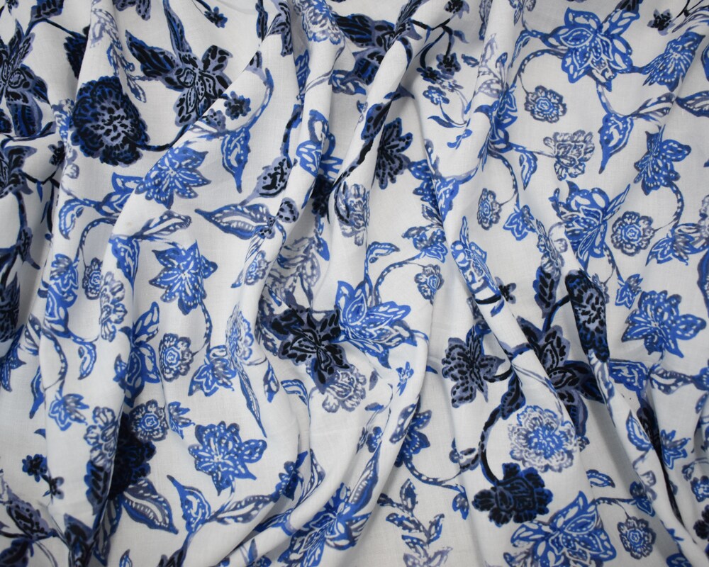 White-Blue-Multi Cotton-Rayon Floral Printed Lawn Woven Fabric By the Yard