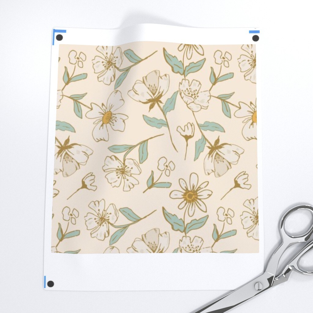 70S Floral Whimsical Retro Cream Flowers Botanical Cottage Vintage Custom Printed Fabric by Spoonflower Various Fabrics by the Yard or Fat Quarter