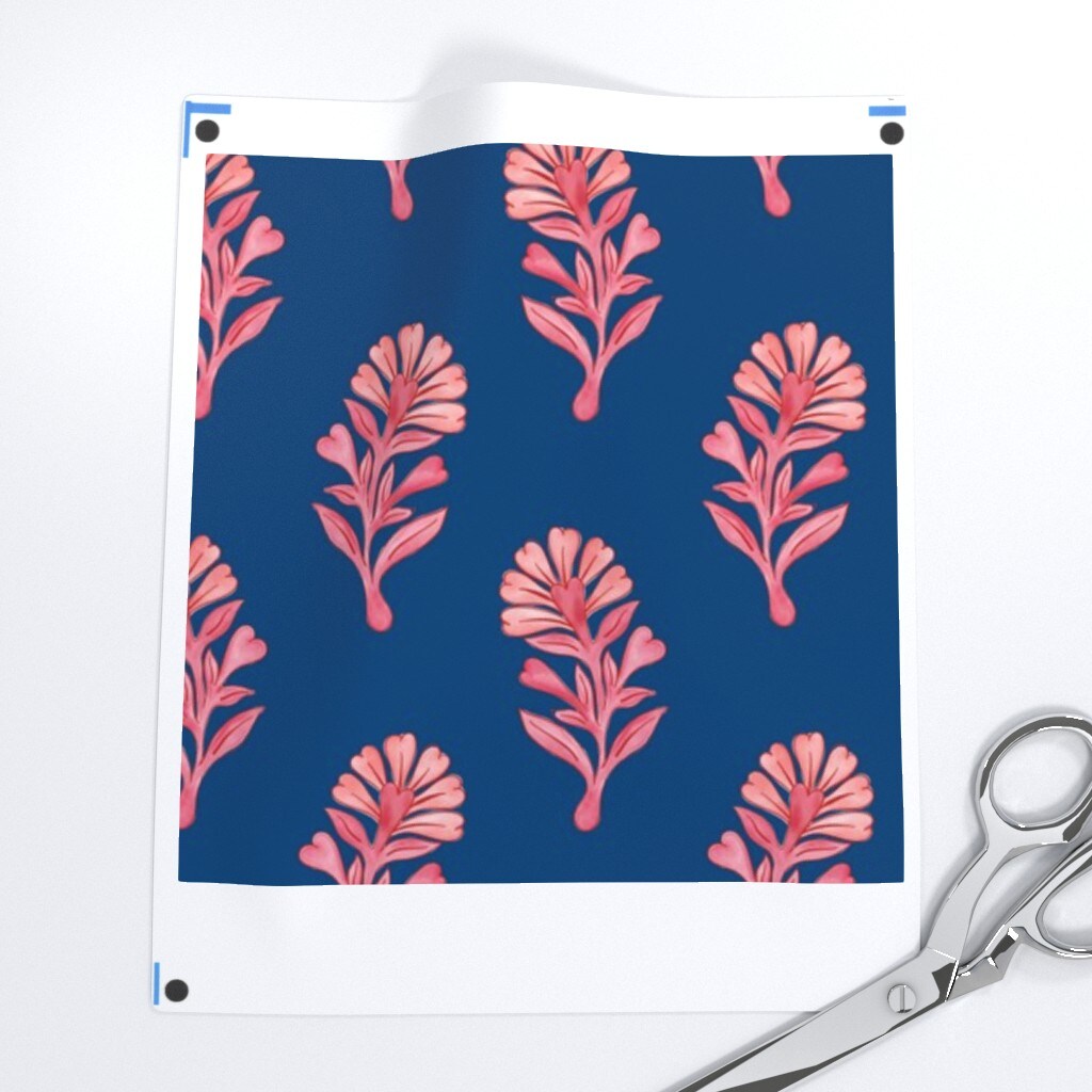 Block Print Floral Medium Scale Pink Bright Blue Botanical Modern Custom Printed Fabric by Spoonflower Various Fabrics by the Yard or Fat Quarter