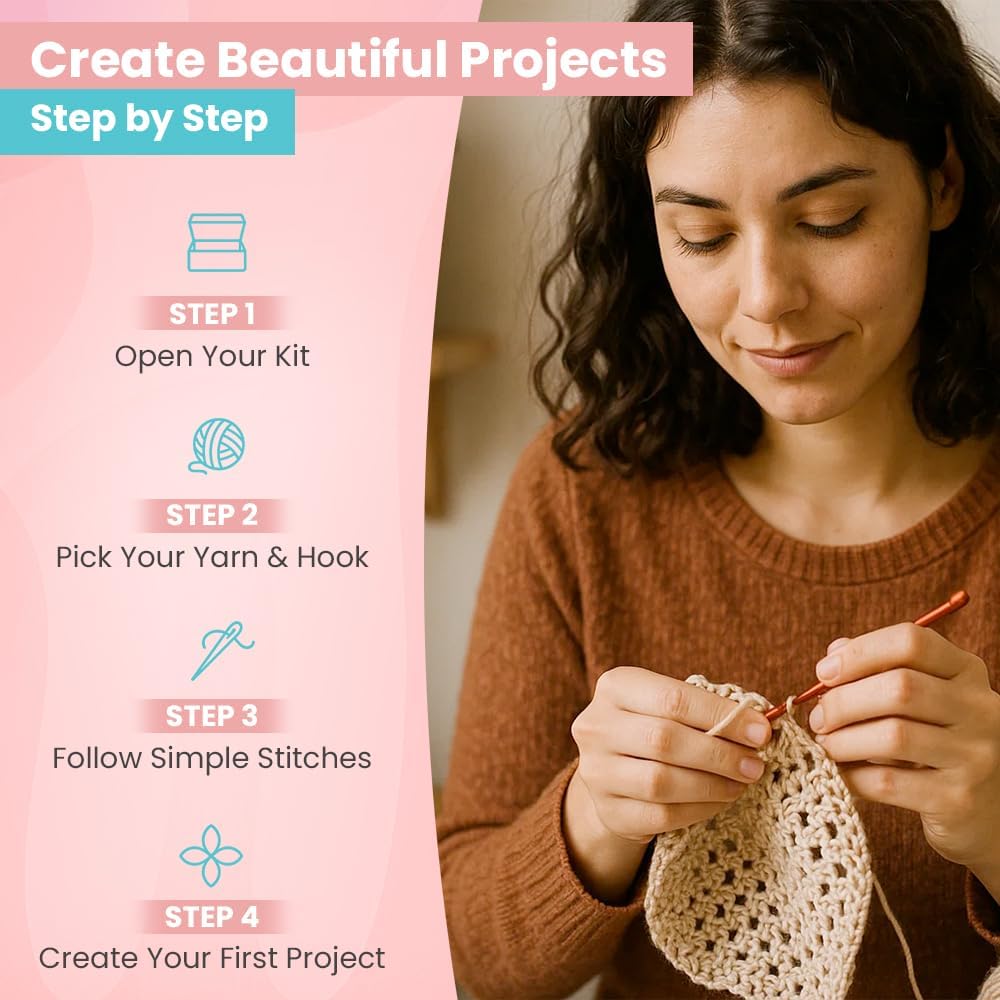 Starter Crochet Kit for Beginners & Adults – 73-Piece Set with 15 Vibrant Yarn Skeins, Ergonomic Hooks, Tote Bag & Organizer – Perfect Crochet & Knitting Starter Kit