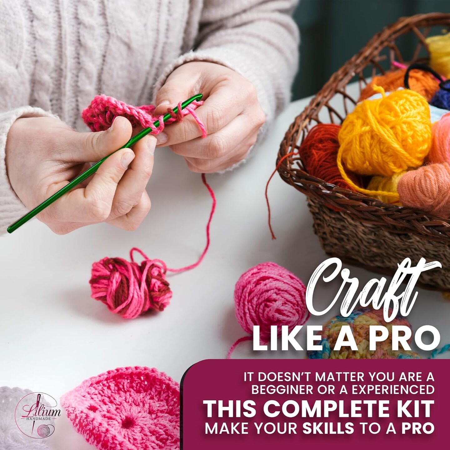 Starter Crochet Kit for Beginners & Adults – 73-Piece Set with 15 Vibrant Yarn Skeins, Ergonomic Hooks, Tote Bag & Organizer – Perfect Crochet & Knitting Starter Kit