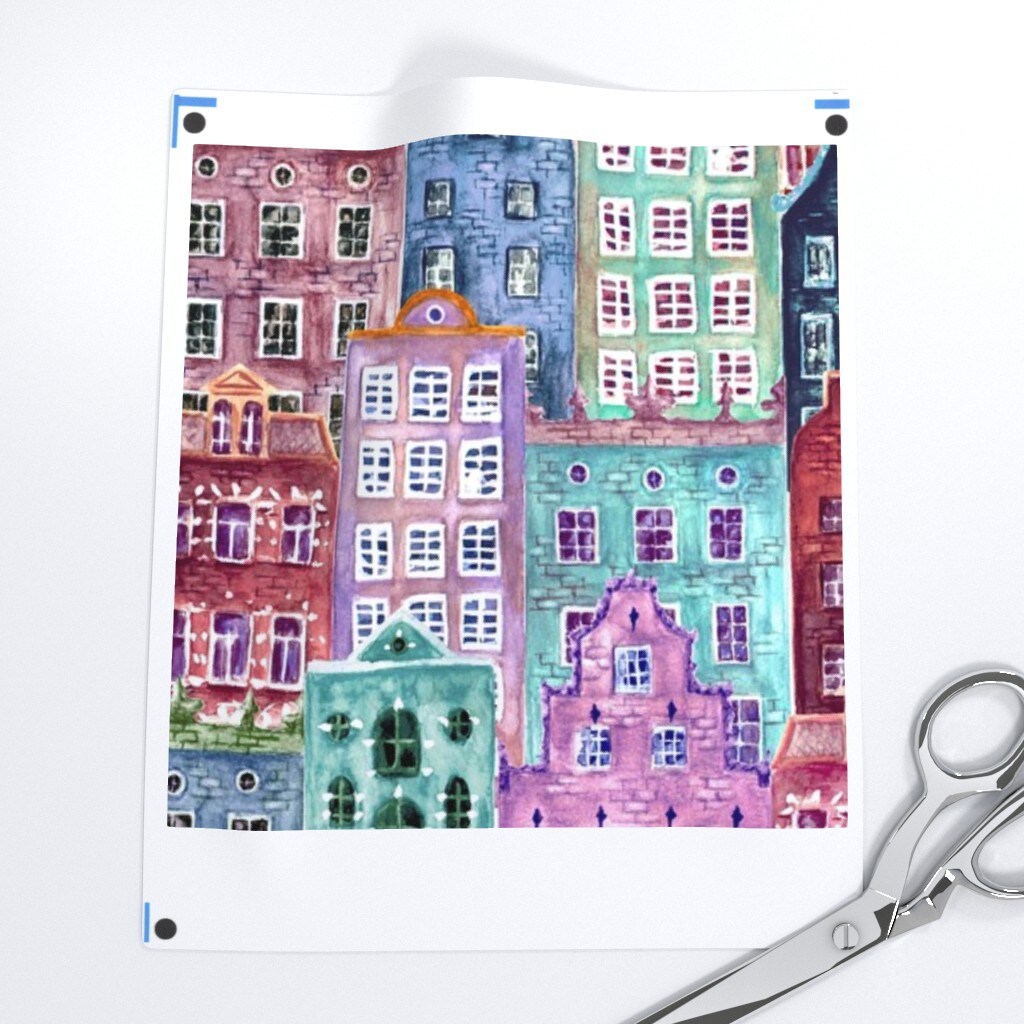 Watercolor City Town Architecture Custom Printed Fabric by Spoonflower Various Fabrics by the Yard or Fat Quarter