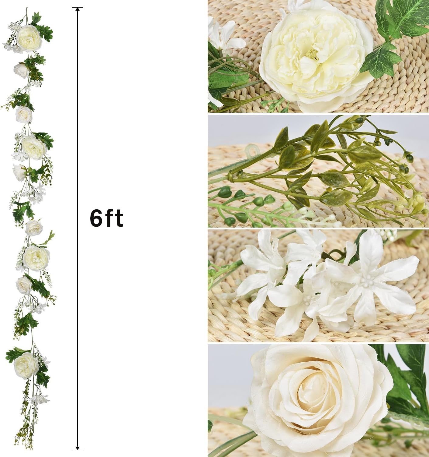 2-Pack Artificial Peony Flower Garland – Silk White Peonies for Wedding, Party, and Table Decoration – 6ft Per Strand